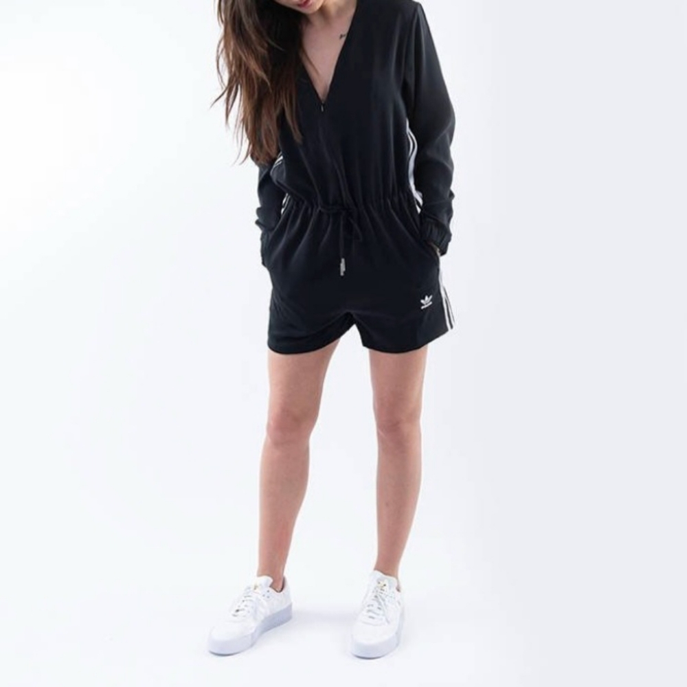 adidas Black V-Neck Long Sleeve Drawstring Romper with White Stripes
